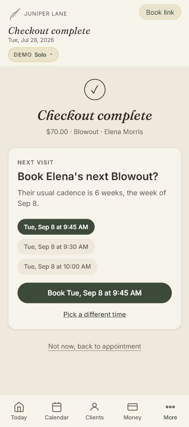 Maravoa mobile checkout complete screen with the client's next visit ready to book