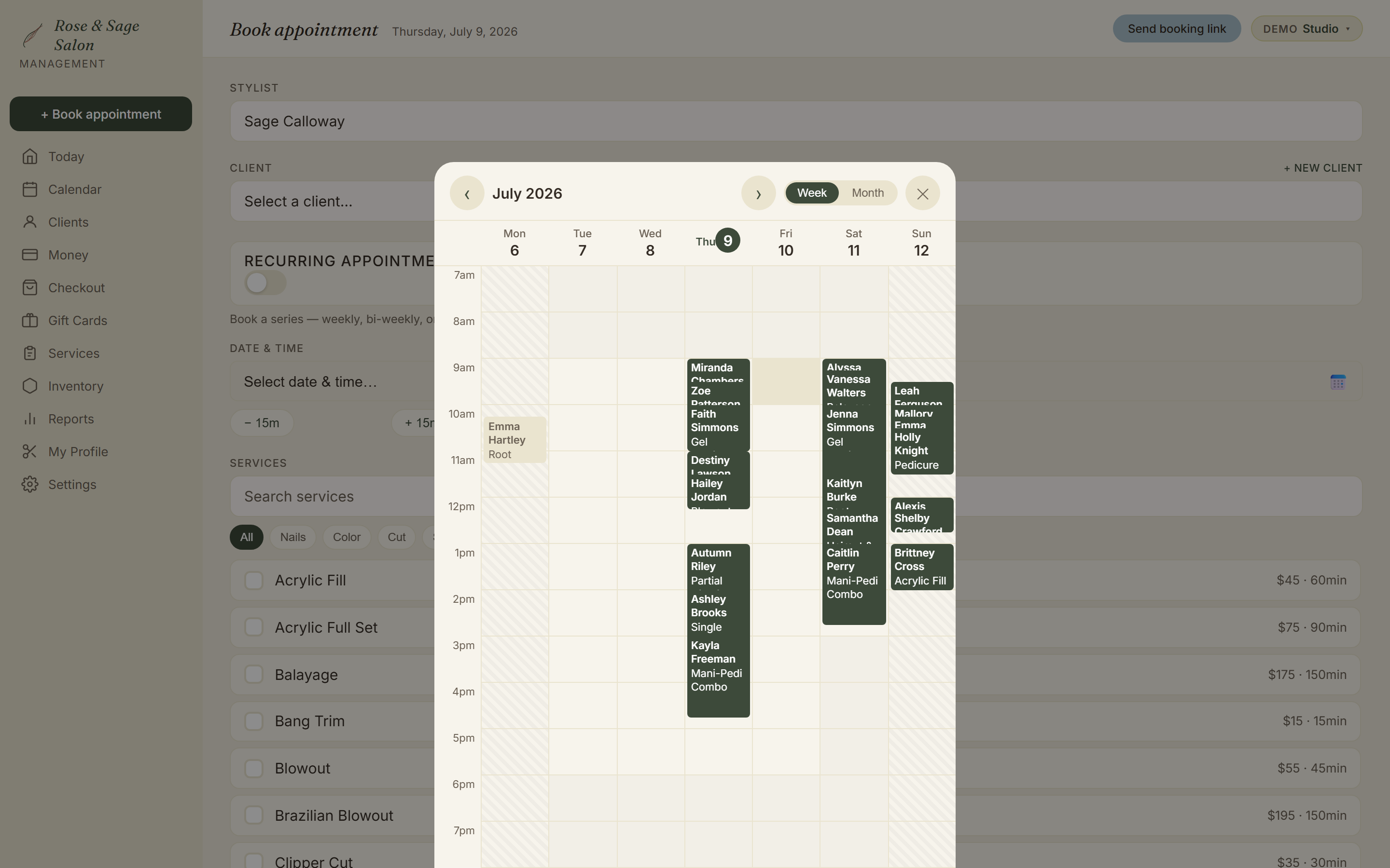 Maravoa booking form with the stylist's live week open in a calendar popout