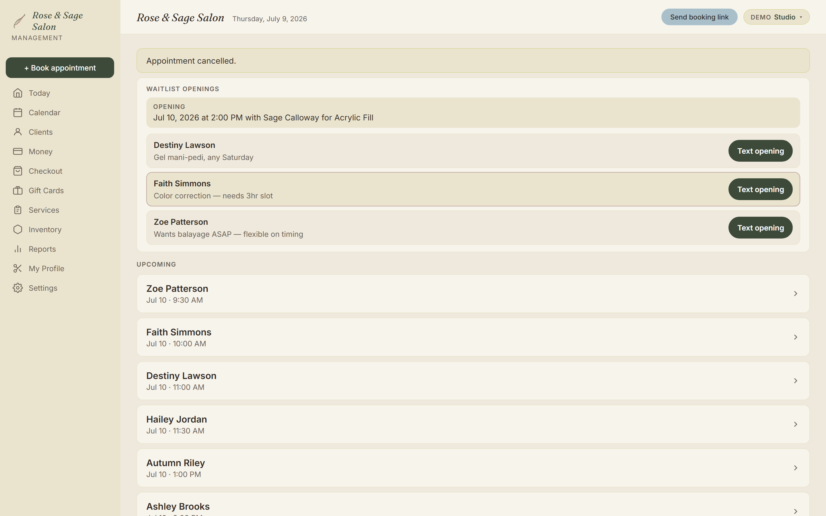 Maravoa waitlist openings after a cancellation, with one tap text opening buttons