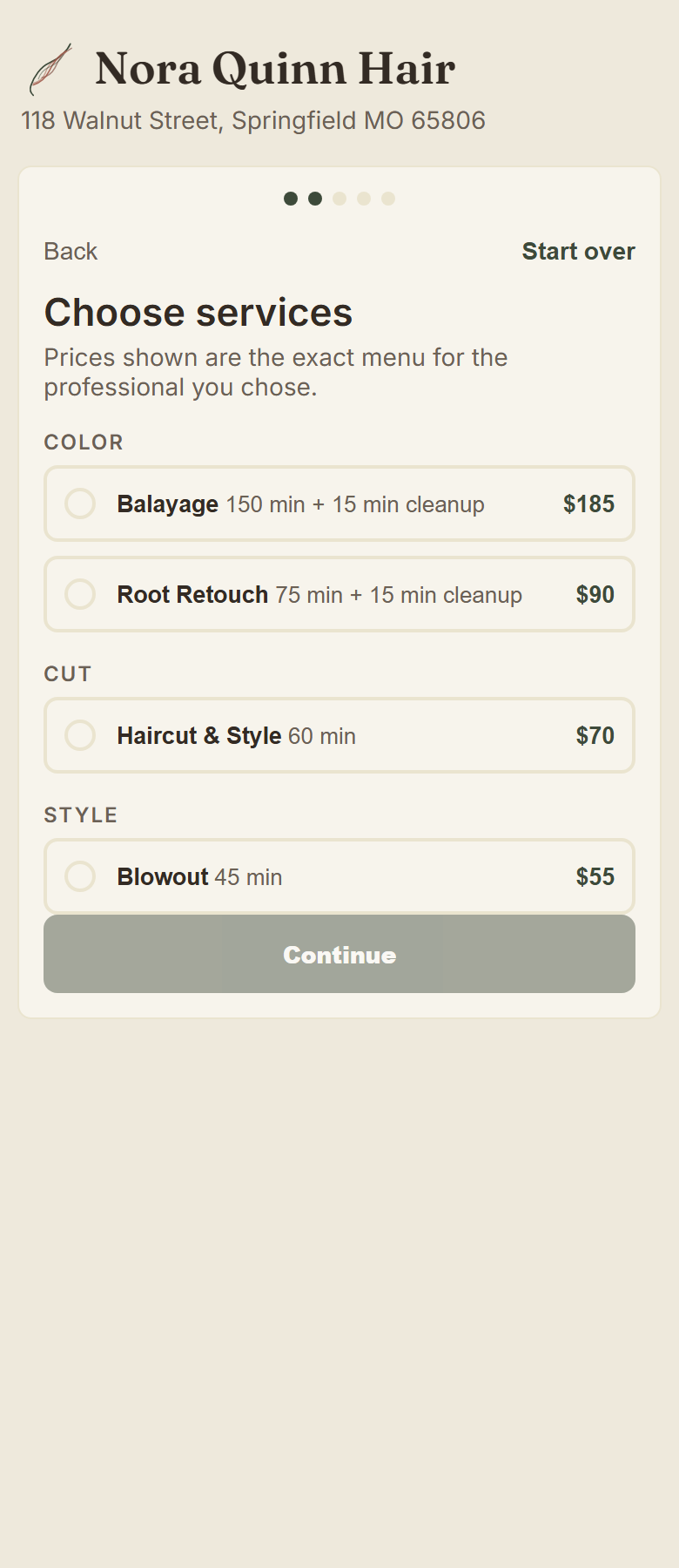 Client booking step 1: picking services from the booking link