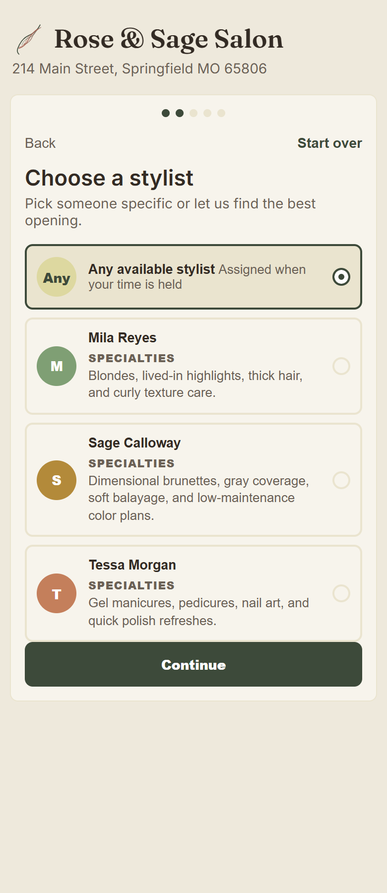Client booking step 2: picking their stylist