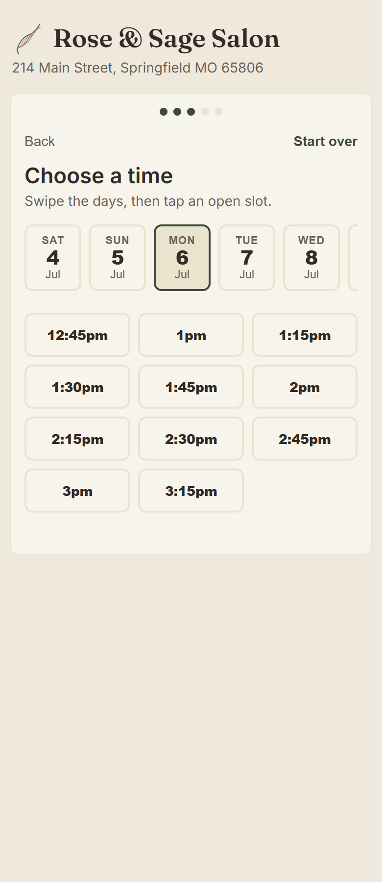 Client booking step 3: picking a time