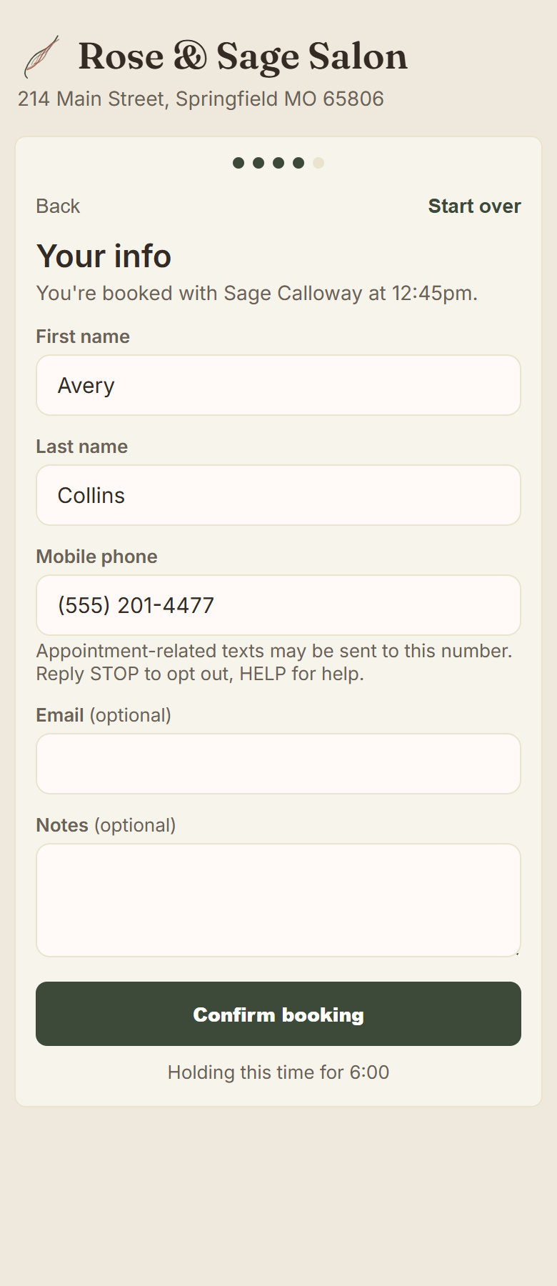 Client booking step 4: entering contact info
