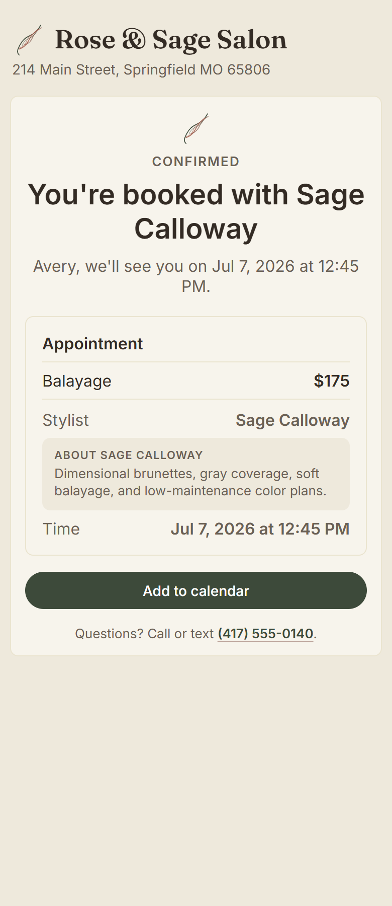 Client booking step 5: appointment confirmed