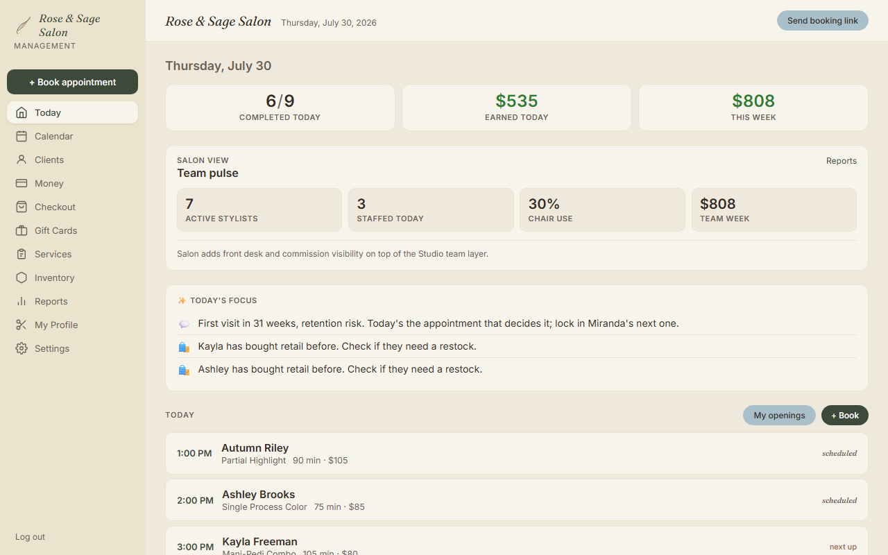 Maravoa Today page with salon stats, focus, and appointments