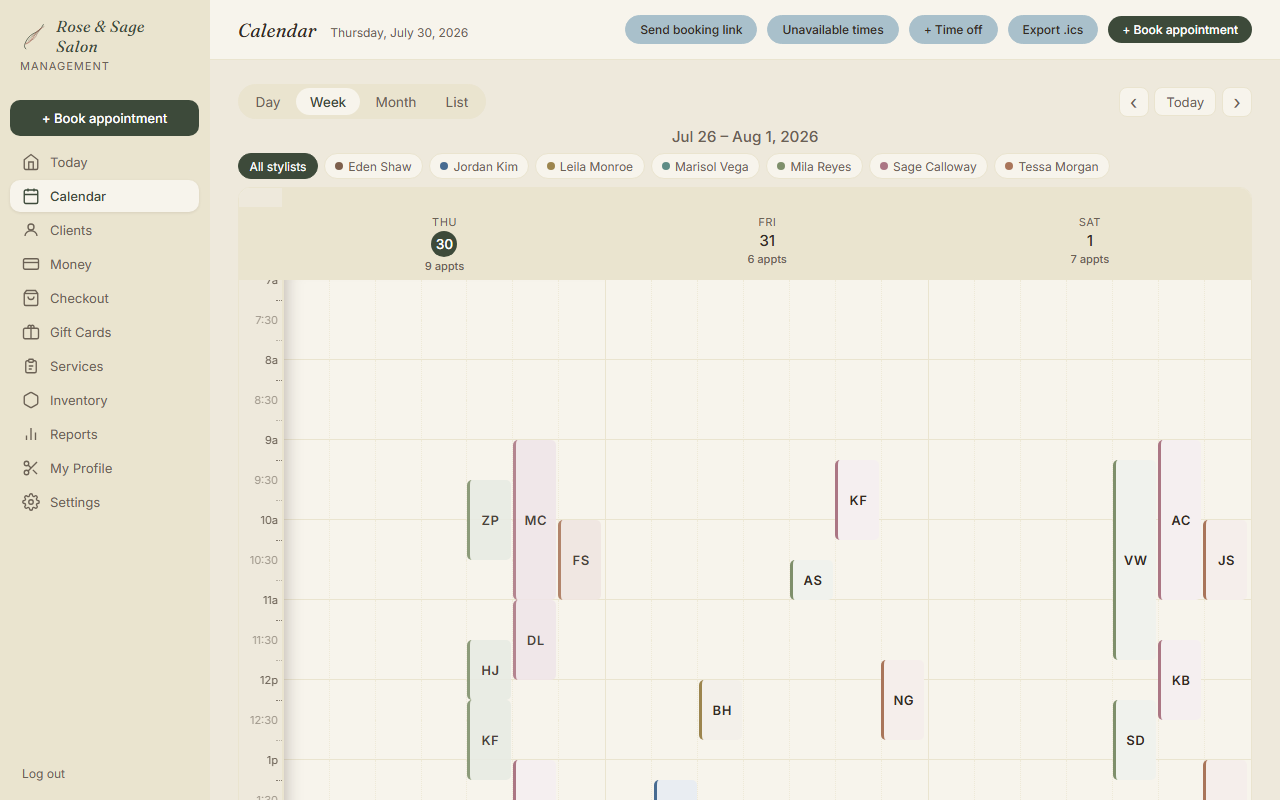 Maravoa current-week calendar with every professional color coded