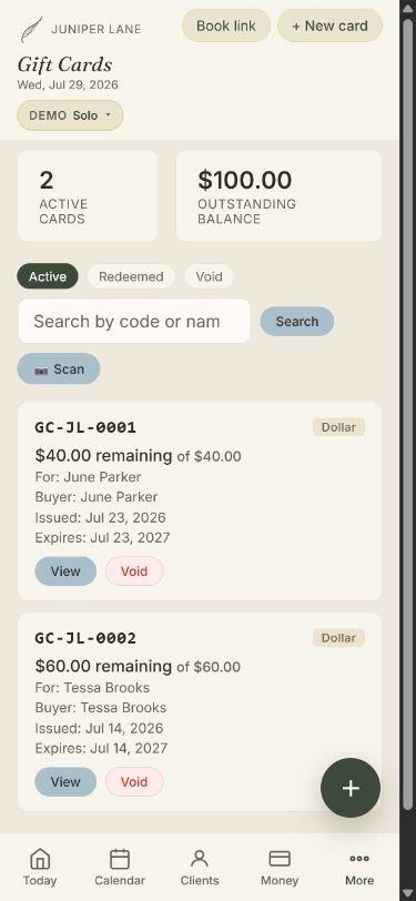 Juniper Lane's mobile gift-card register with active cards and outstanding balances