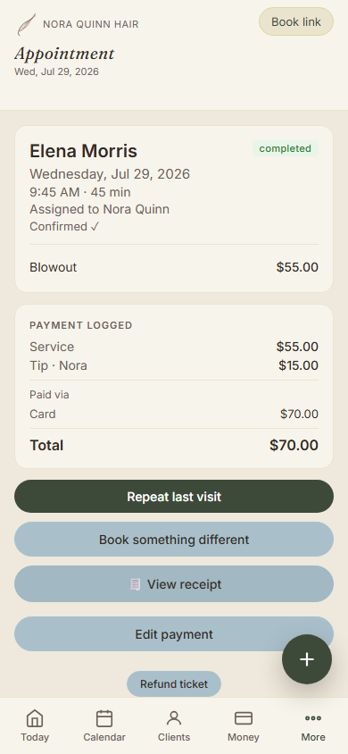 Nora Quinn's completed appointment with payment, receipt and repeat-visit actions