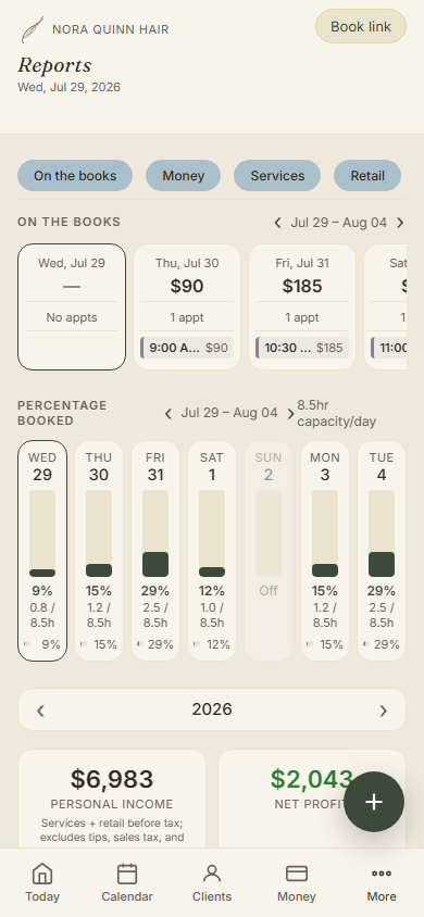 Nora Quinn's mobile reports with personal income and forecast