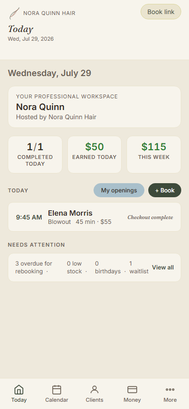 Nora Quinn's mobile Today dashboard with appointments and expected revenue