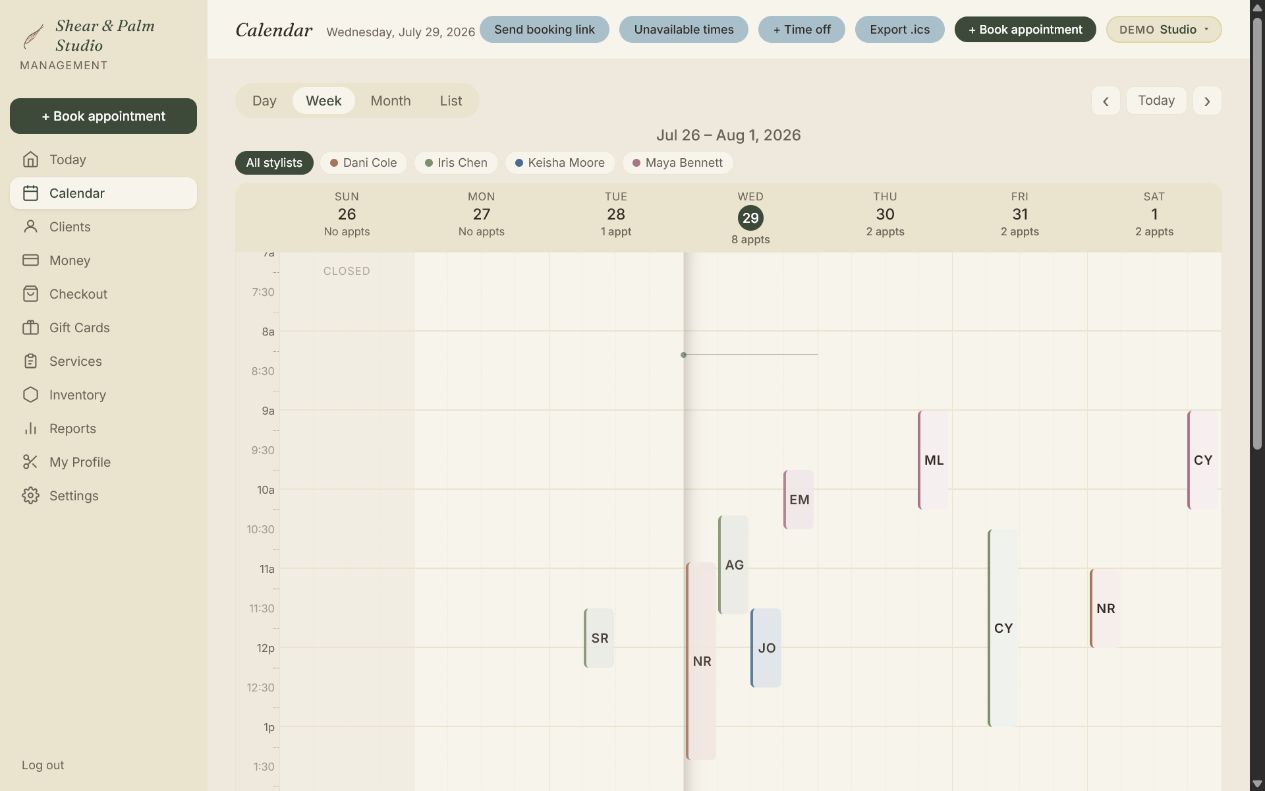 Shear and Palm Studio's all-stylists week calendar with a color per professional