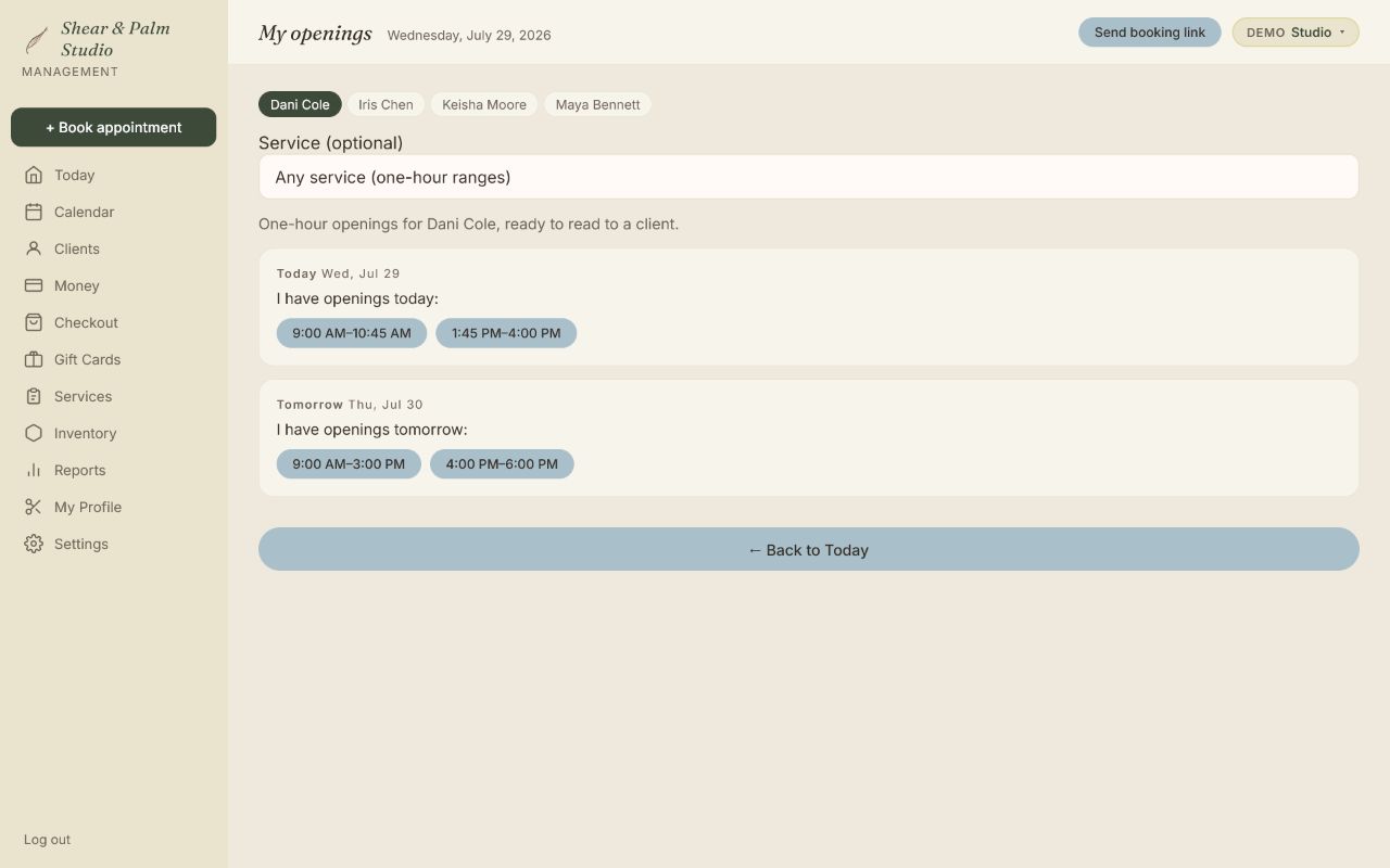 Shear and Palm Studio's openings and waitlist screen