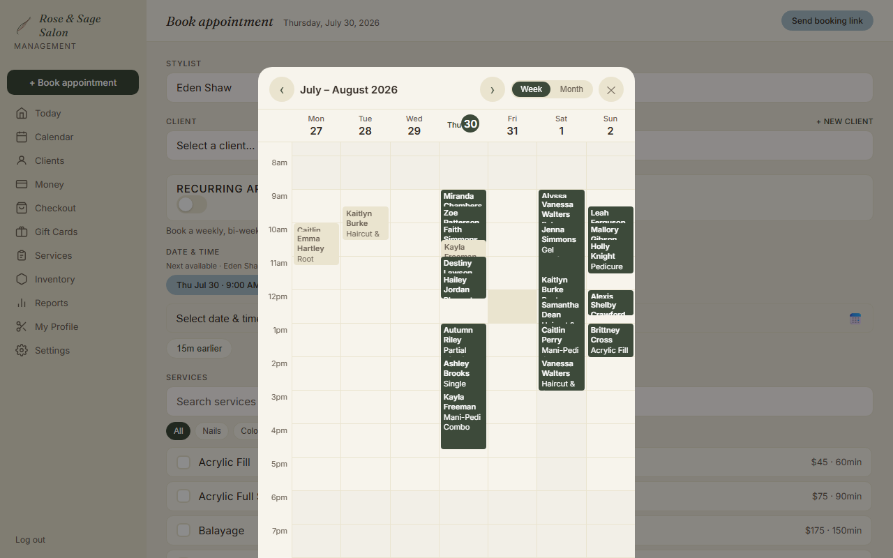 Rose & Sage Salon booking form with the professional's live week open in a calendar popout