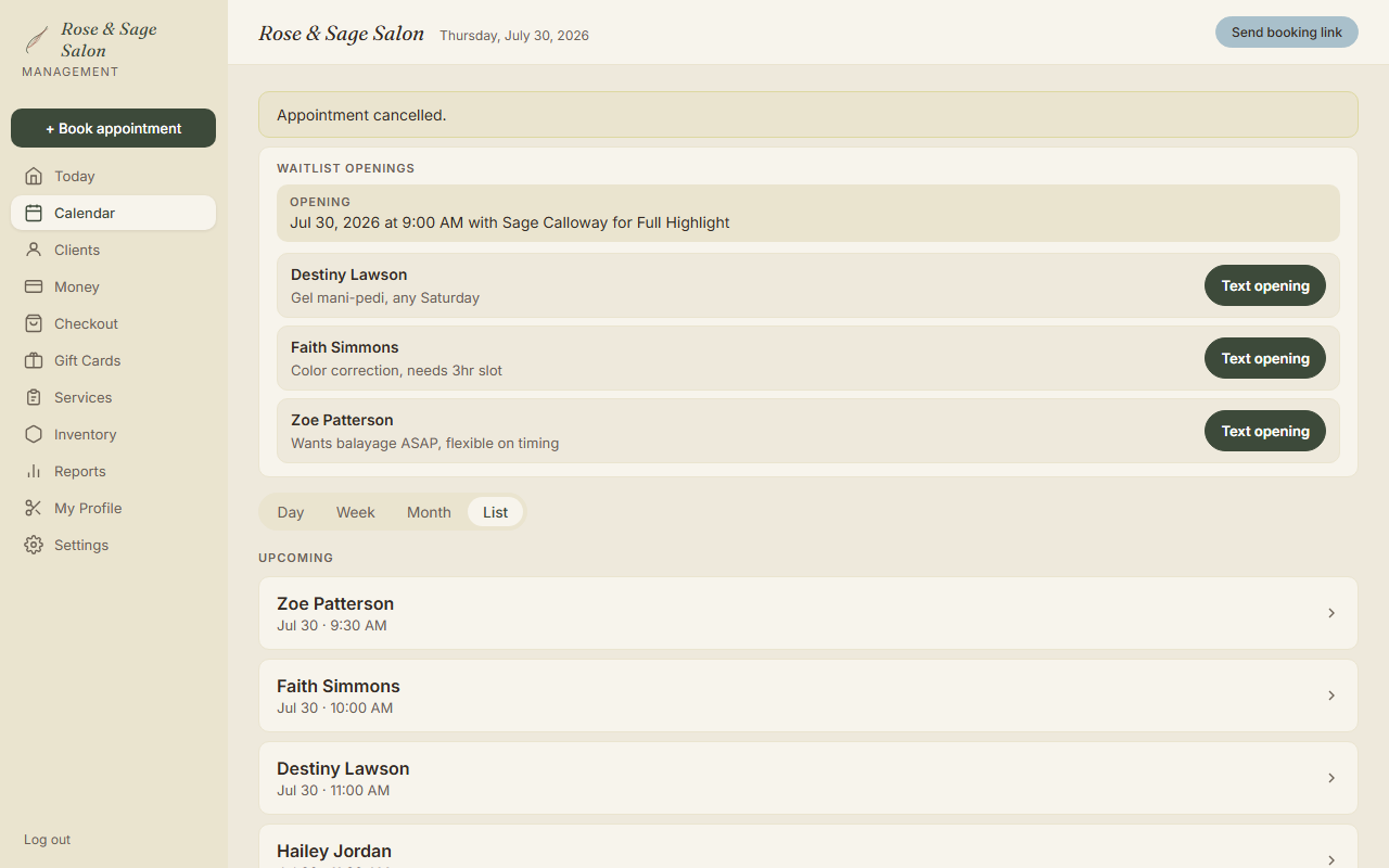 Rose & Sage Salon waitlist openings after a cancellation, with one tap text opening buttons