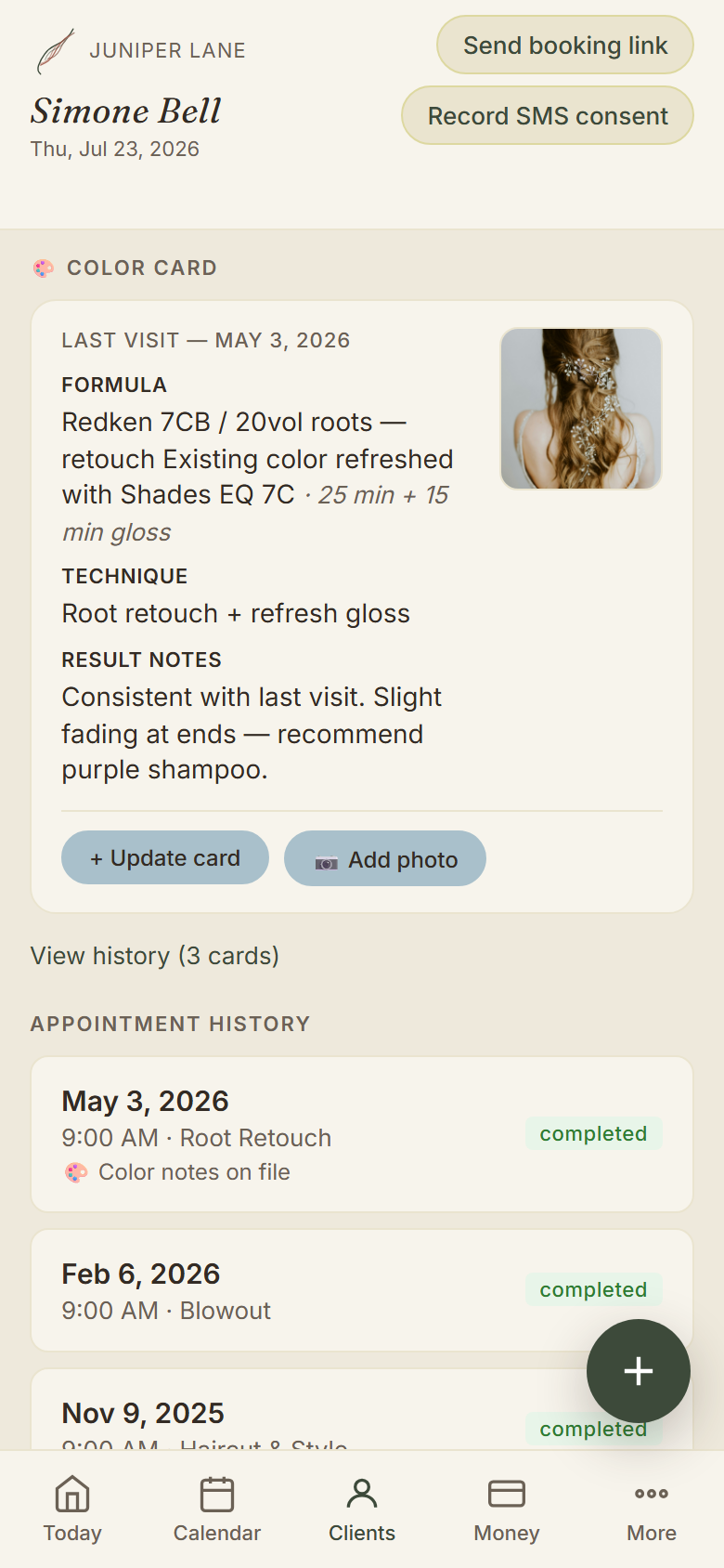 Maravoa client color card with formula, technique, result notes and photo, with the linked color history below