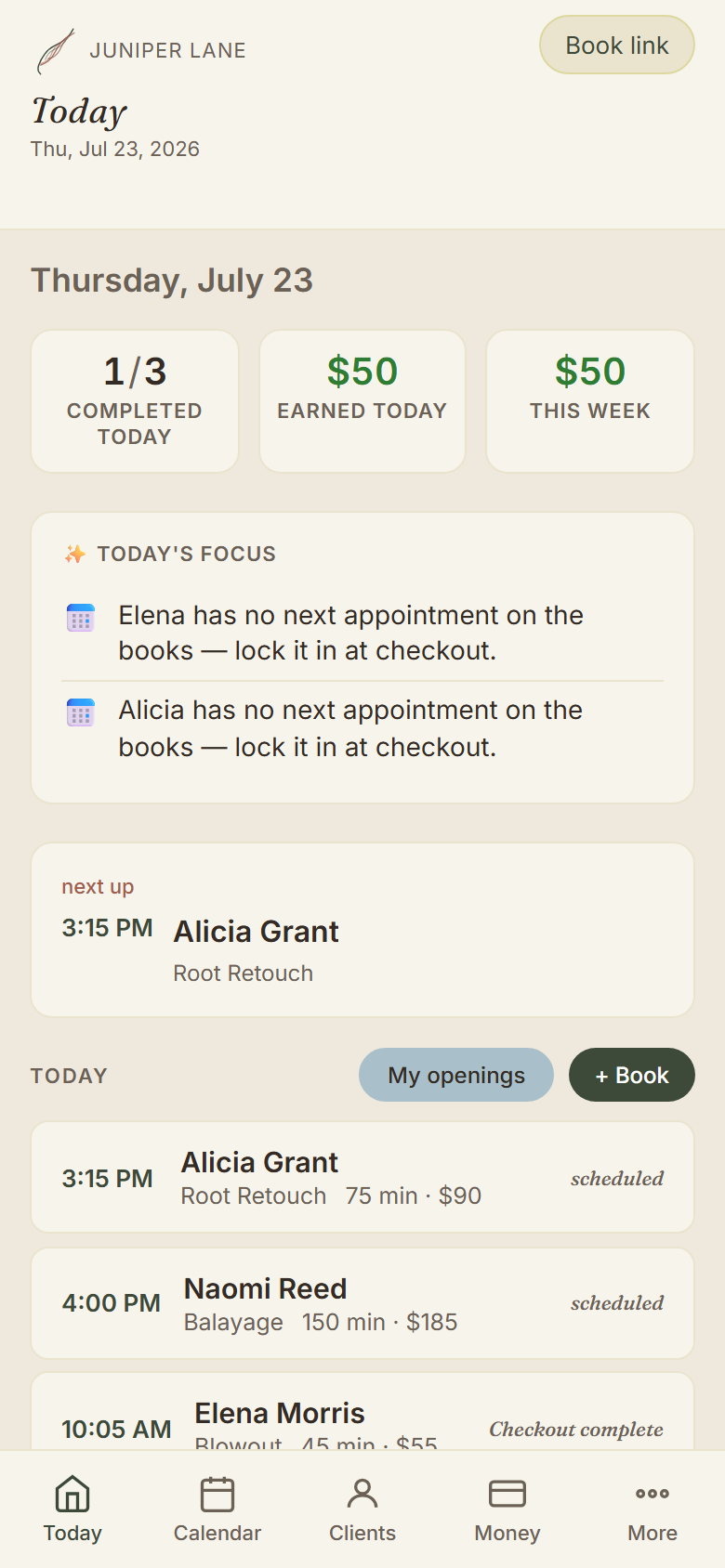 Maravoa Today dashboard showing the day's appointments, next up, and expected revenue