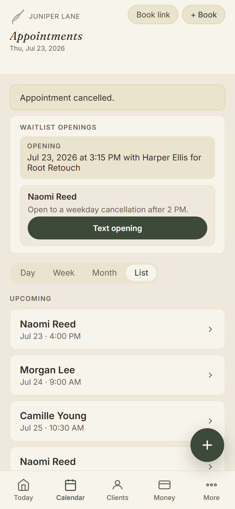 Maravoa waitlist openings after a cancellation, with one tap text opening buttons